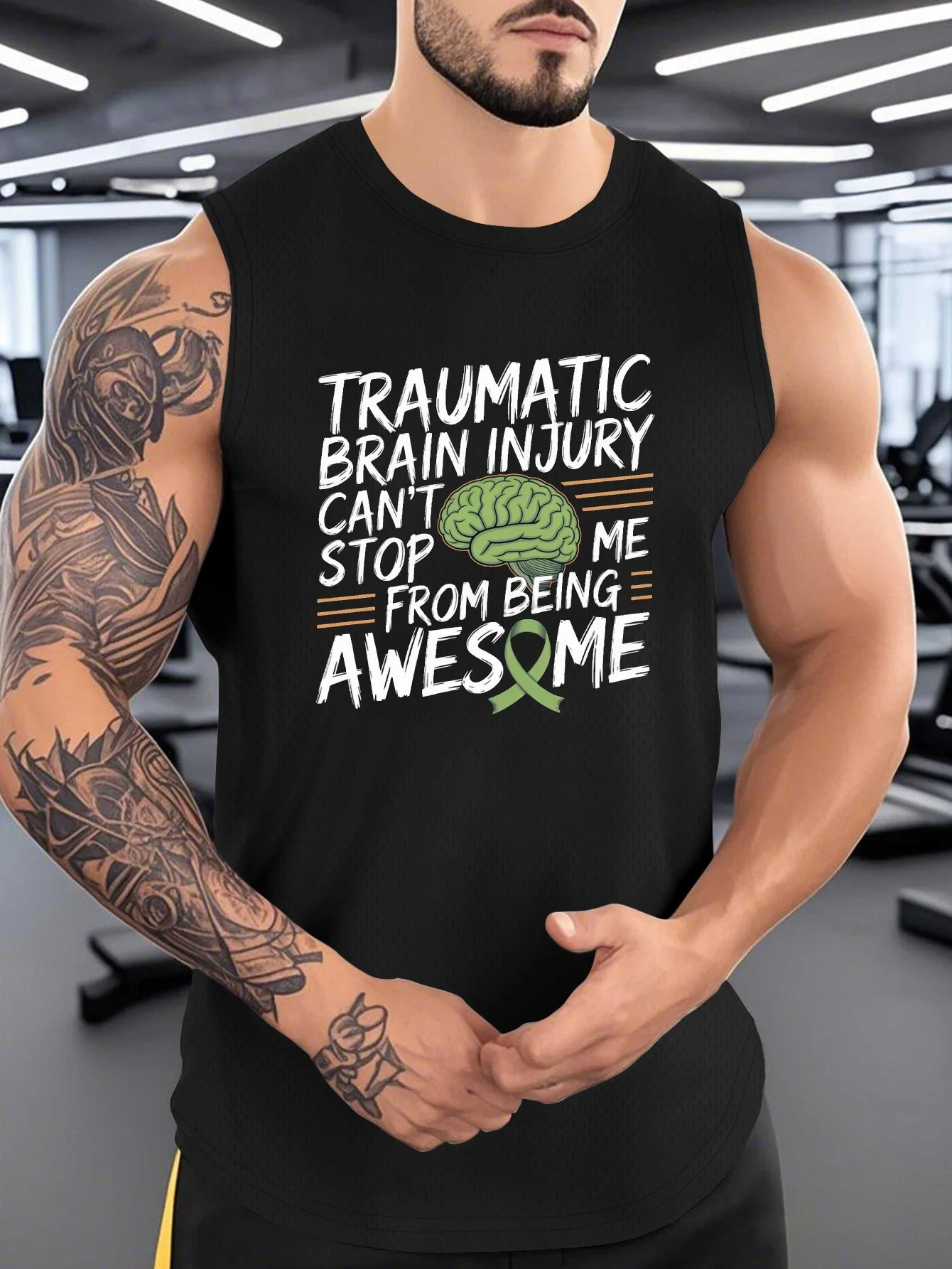 

Men's Brain Injury Awareness TBI Survivor Vest - Design of Traumatic Brain Injury Emblem and Slogan