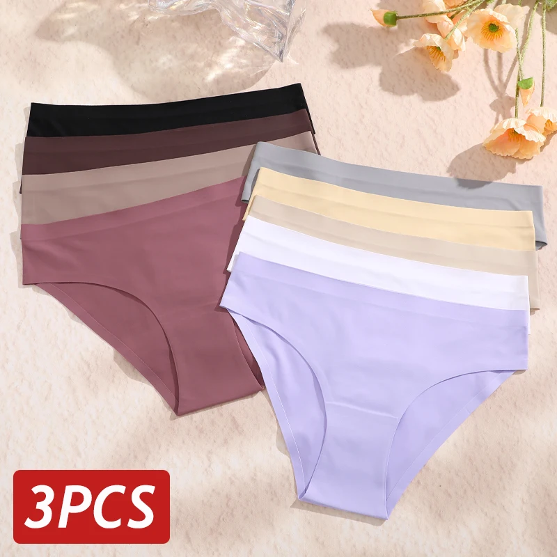 3PCS/Set Women Seamless Panties No Trace Briefs Sexy Low Rise Underear Solid Color Breathable Lingerie Ice Silk Underpants S-XL