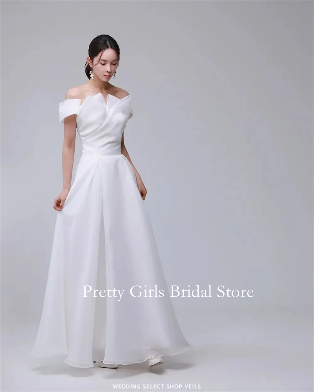 

OEING Off the Shoulder Korea Garden White Wedding Dresses Organza 프롬드레스 Ruched Ivory A-Line Simple Bride Growns Party Women