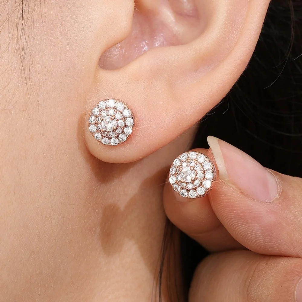 Hip Hop Full White Zircon Round Stud Earrings For Women Rose Gold Silver Color Wedding Small Ear Studs Party New Year Jewelry