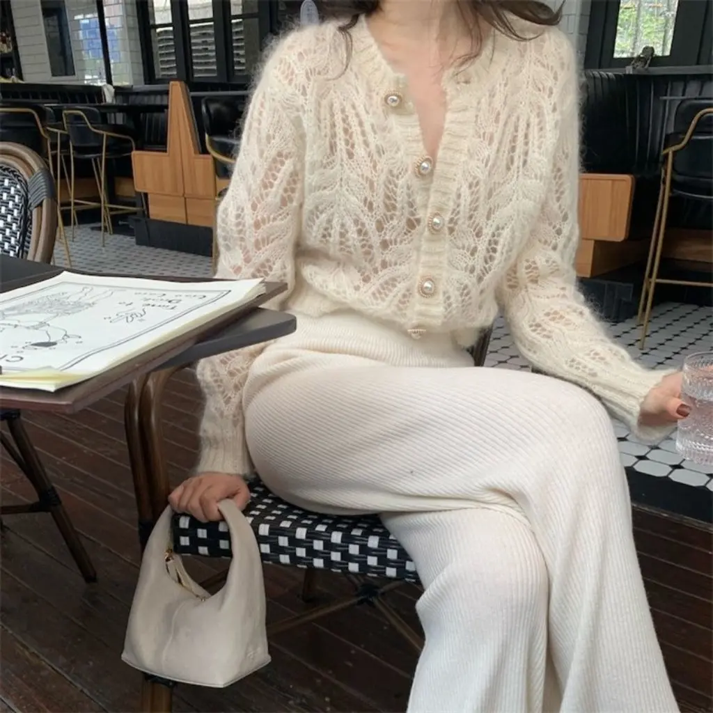 

Women's French Mohair Thin Knitted Cardigan Early Autumn Cut out Sweater Sun Protection Top New Style