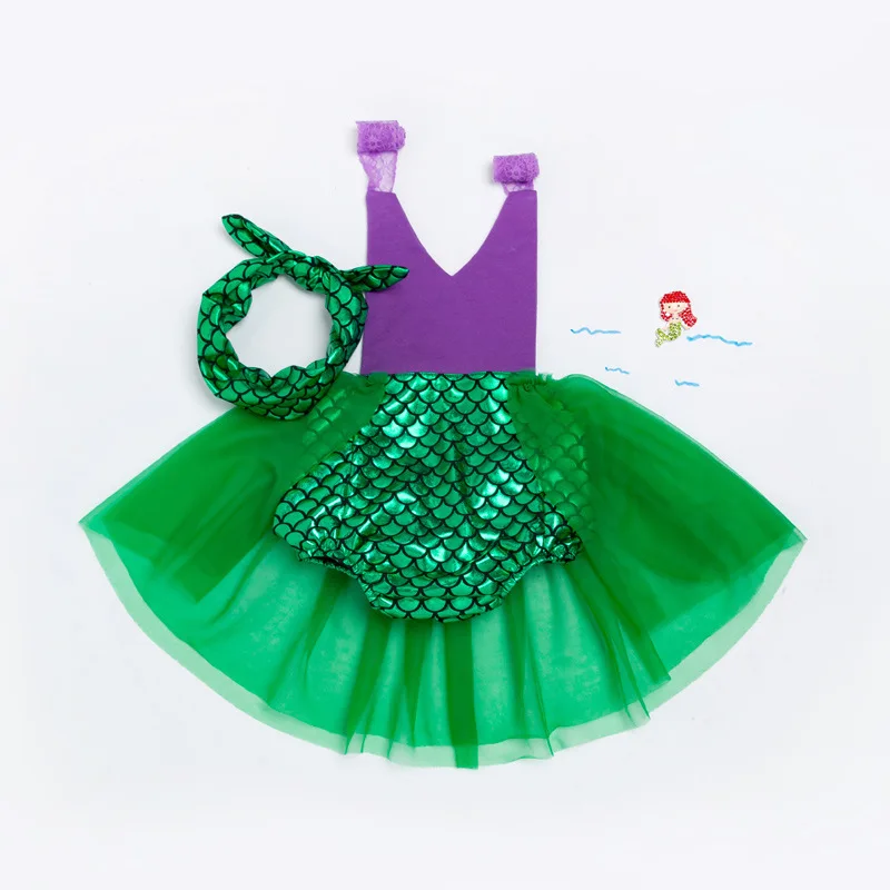 2Pcs Mermaid Lace Sling Dress Set With Headband, hollow breathable summer outfit, sweet romper dress suit for baby girls
