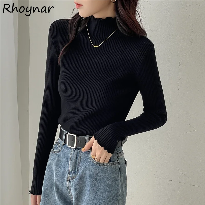 

Mock Neck Pullovers Women Ruched Solid Color Simple Slim Spring Fall Casual Knitted Sweaters Thicken Jumper Cozy Ladies Stretchy