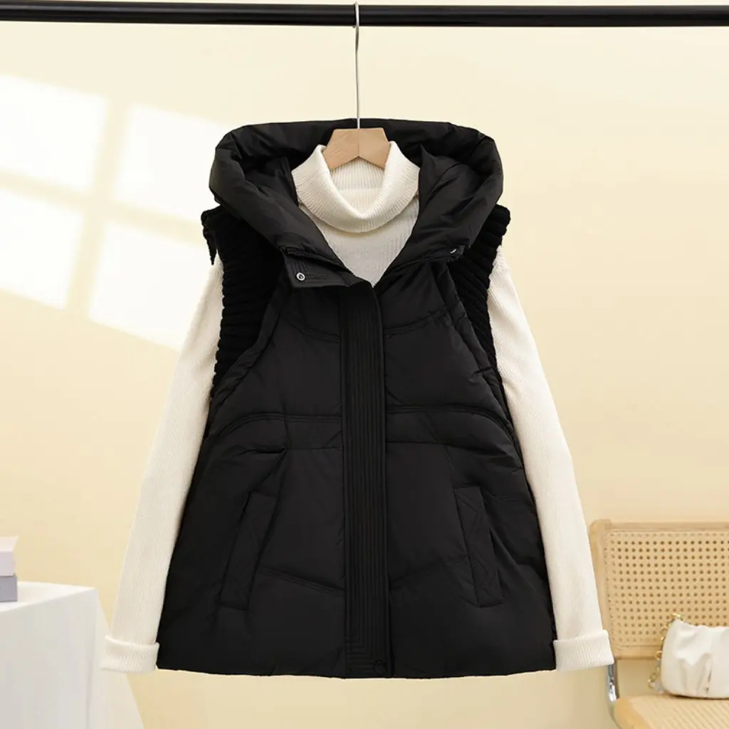 

Women's Short Knitted Patchwork Hooded Cotton Vest Jacket Autumn Trendy New Arrival down Cotton Outerwear
