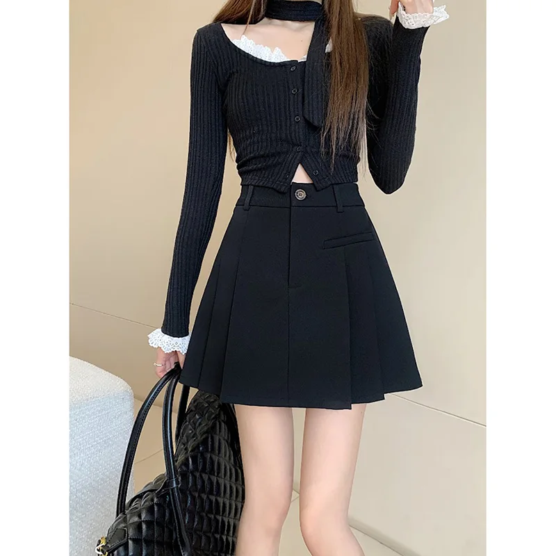 Fashion Casual Pleated Short Skirt Korean Style Spring Summer Spice Girls 2024 New High-waisted Slimming Solid Suit A-line Skirt