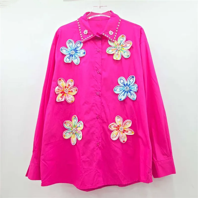 HKSH ฤดูใบไม้ร่วงใหม่ผู้หญิงเสื้อสามมิติสีสันถักดอกไม้เพชร Beaded Single Breasted Casual Trendy Tops HK10387