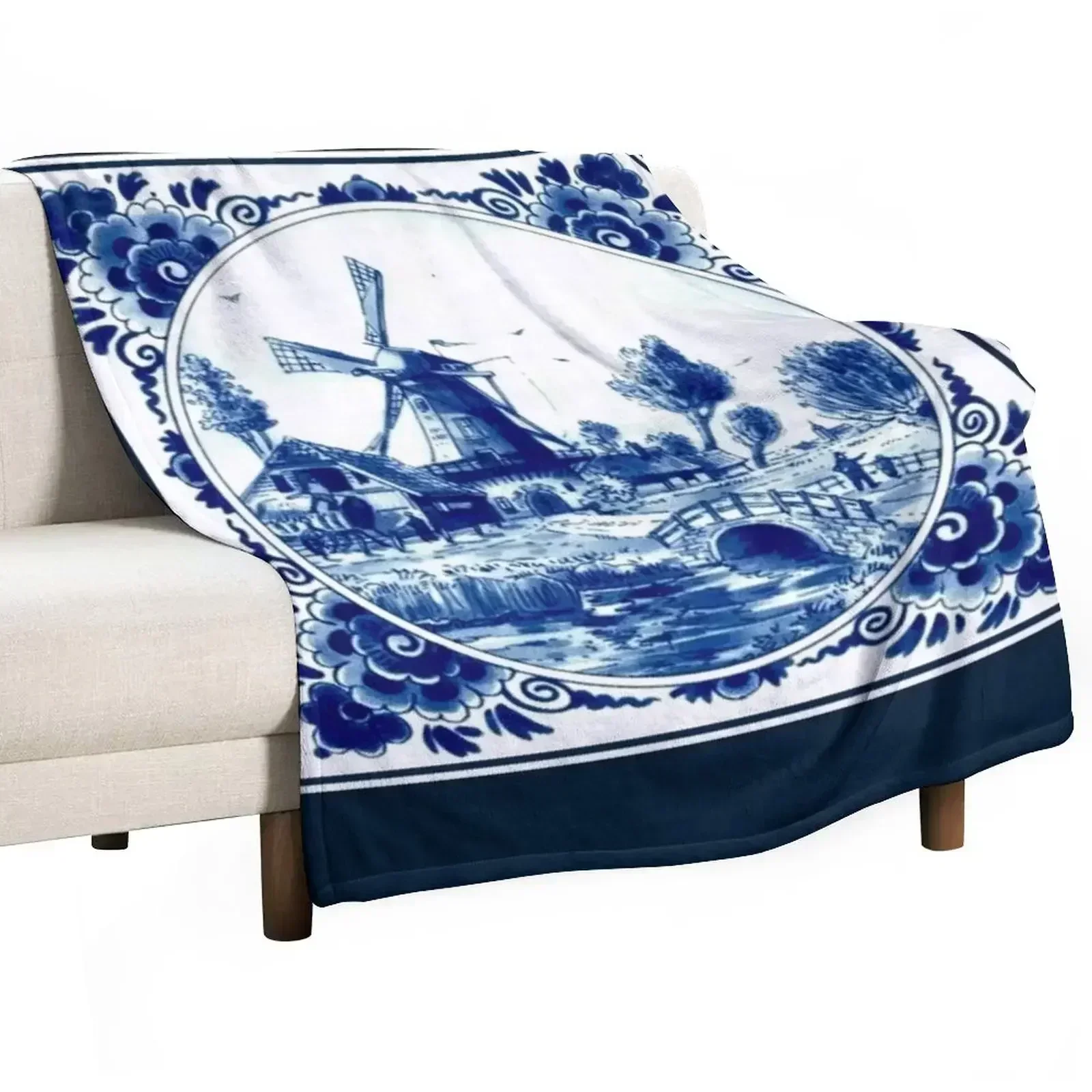 

DUTCH BLUE DELFT : Vintage Windmill and Bridge Print Throw Blanket All Season Soft Lightweight Blanket for Home