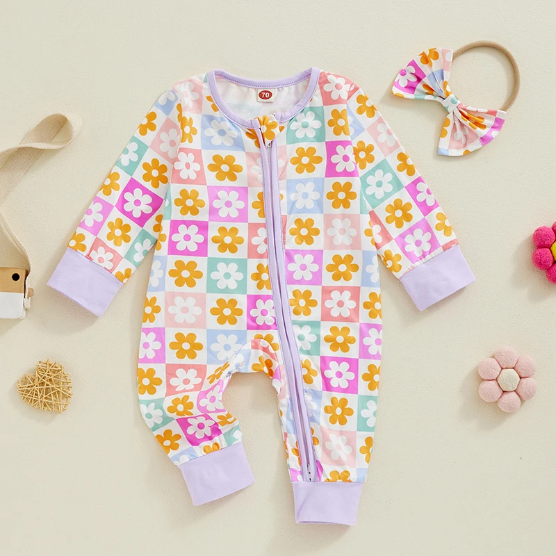 Mameluco con cremallera para niñas, monos de manga larga con estampado floral y lindo conjunto de diadema para niños pequeños, trajes de 2 piezas