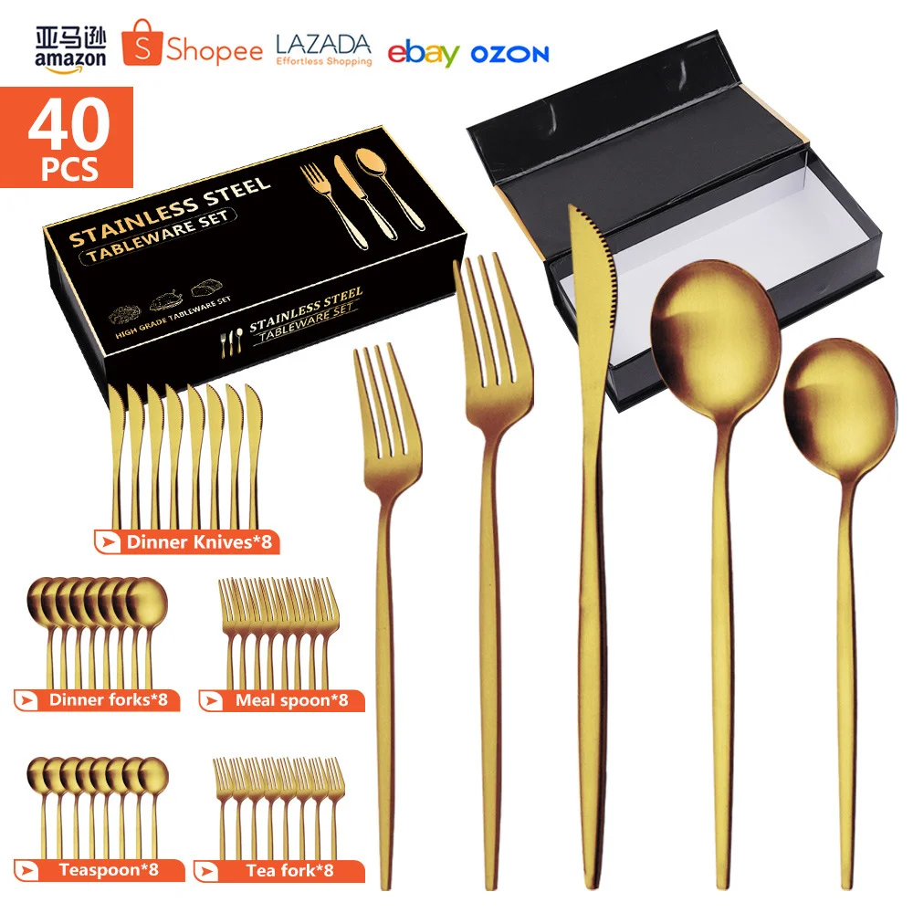 

40PCS Set Large Package Stainless Steel High Quality Cutlery Steak Knife Fork Spoon Set Tableware