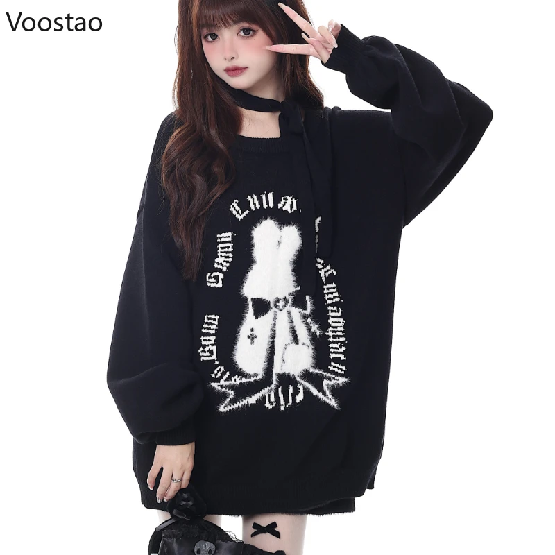 Vintage Rabbit Jacquard Knitted Pullovers Women Y2k Aesthetic Grunge Red Sweater Coat Korean Female Harajuku Loose Knitwear Tops