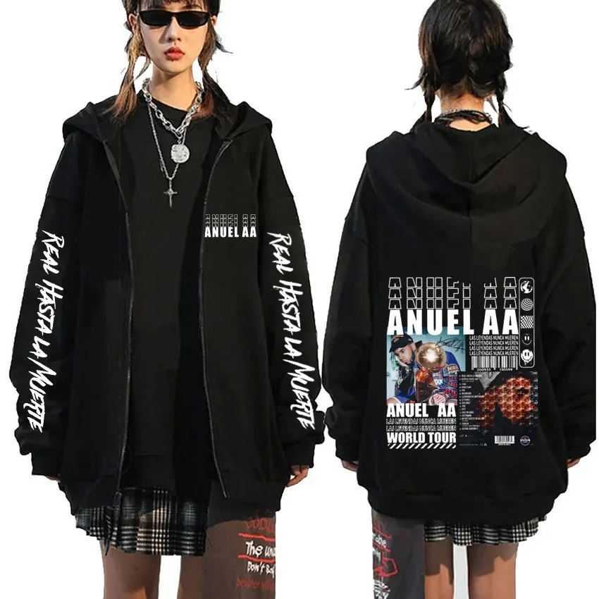 Anuel AA Las Leyendas Nunca Mueren World Tour Zipper Hoodie Men Hip Hop Rap Oversized Zip Up Hoodies Fleece Cotton Zip Up Jacket