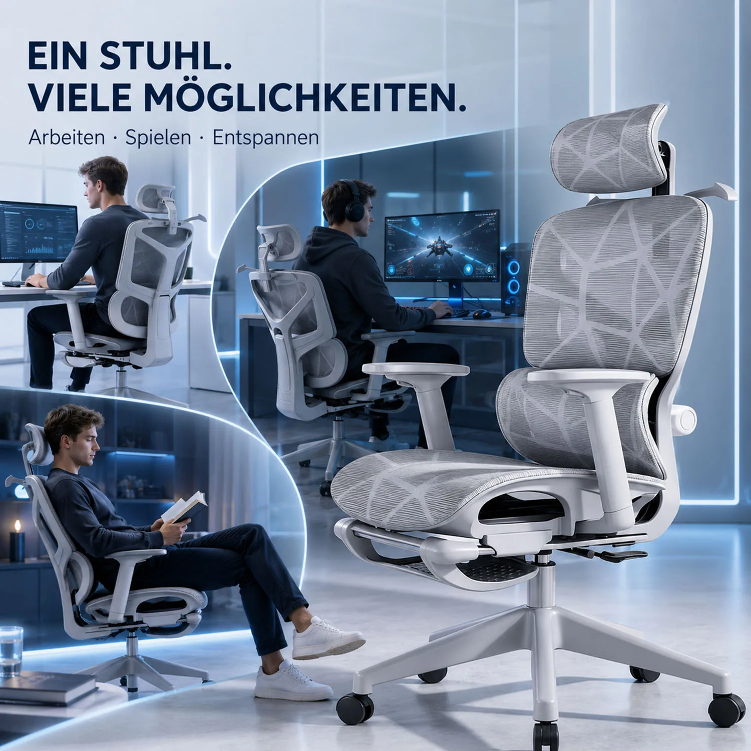 Chaise de bureau ergonomique avec appui-tête et support lombaire réglables, 135 °   Fonction d'inclinaison, dossier en maille respirante et accoudoirs réglables en hauteur - idéal pour le bureau à domicile (gris)