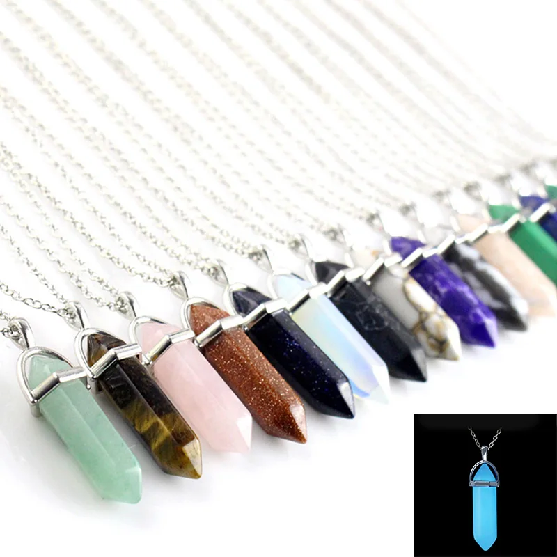 Luminous Crystal Necklace Natural Stone Bullet Hexagon Pillar Sweater Chain Glow In The Dark Pendant Necklace Jewelry for Women