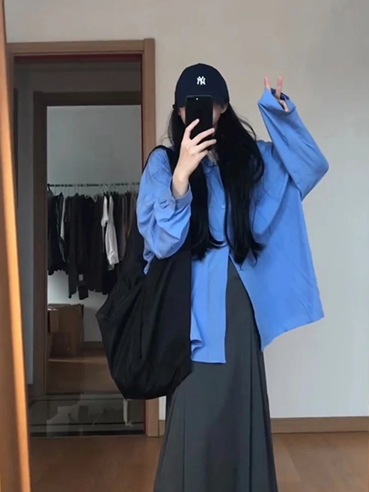 

Klein Blue Linen Long Sve irt Женский весенний новый дизайн Свободный повседневный шикарный топ круглый Ne на пуговицах обычной длины