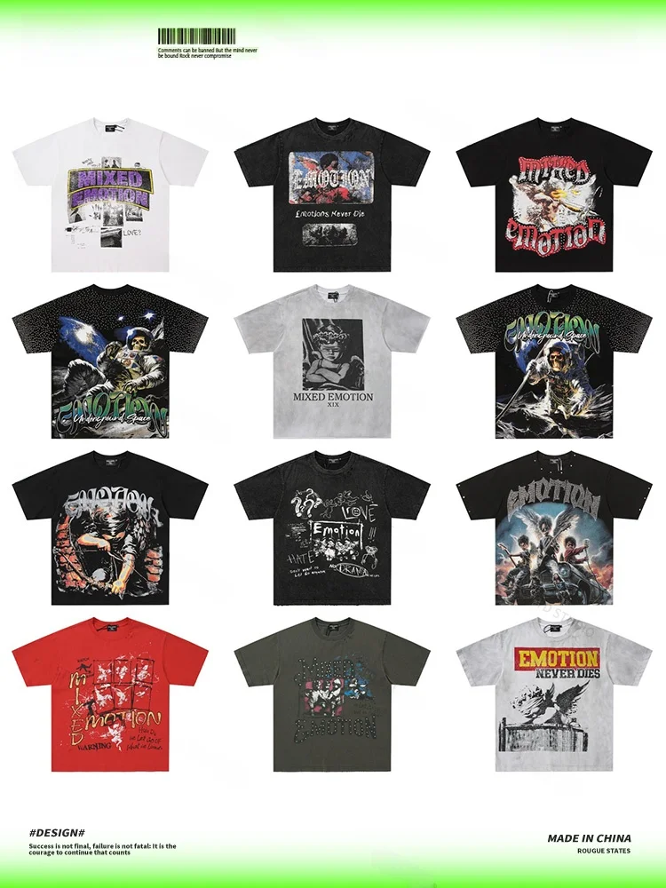 Mixed Emotion High Street Angel Print Rhinestone T-Shirt Unisex Short Sleeve Cotton Casual Wear Summer Top for Men And Women