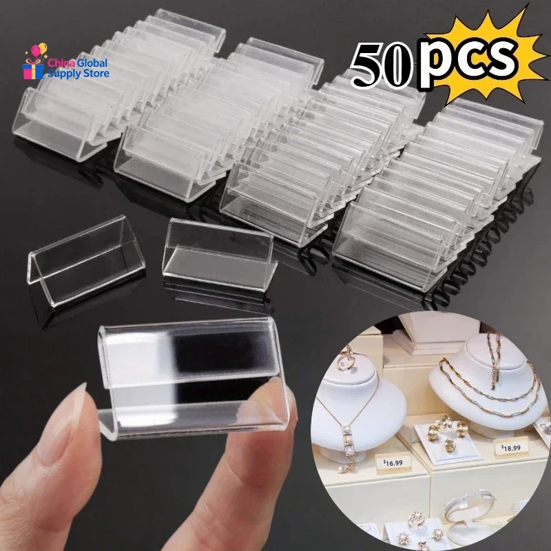 50pcs Mini Acrylic Display Stands 4x2cm Clear Rectangular Name Tags Card & Label Holders for Retail Stores for Showcasing Labels