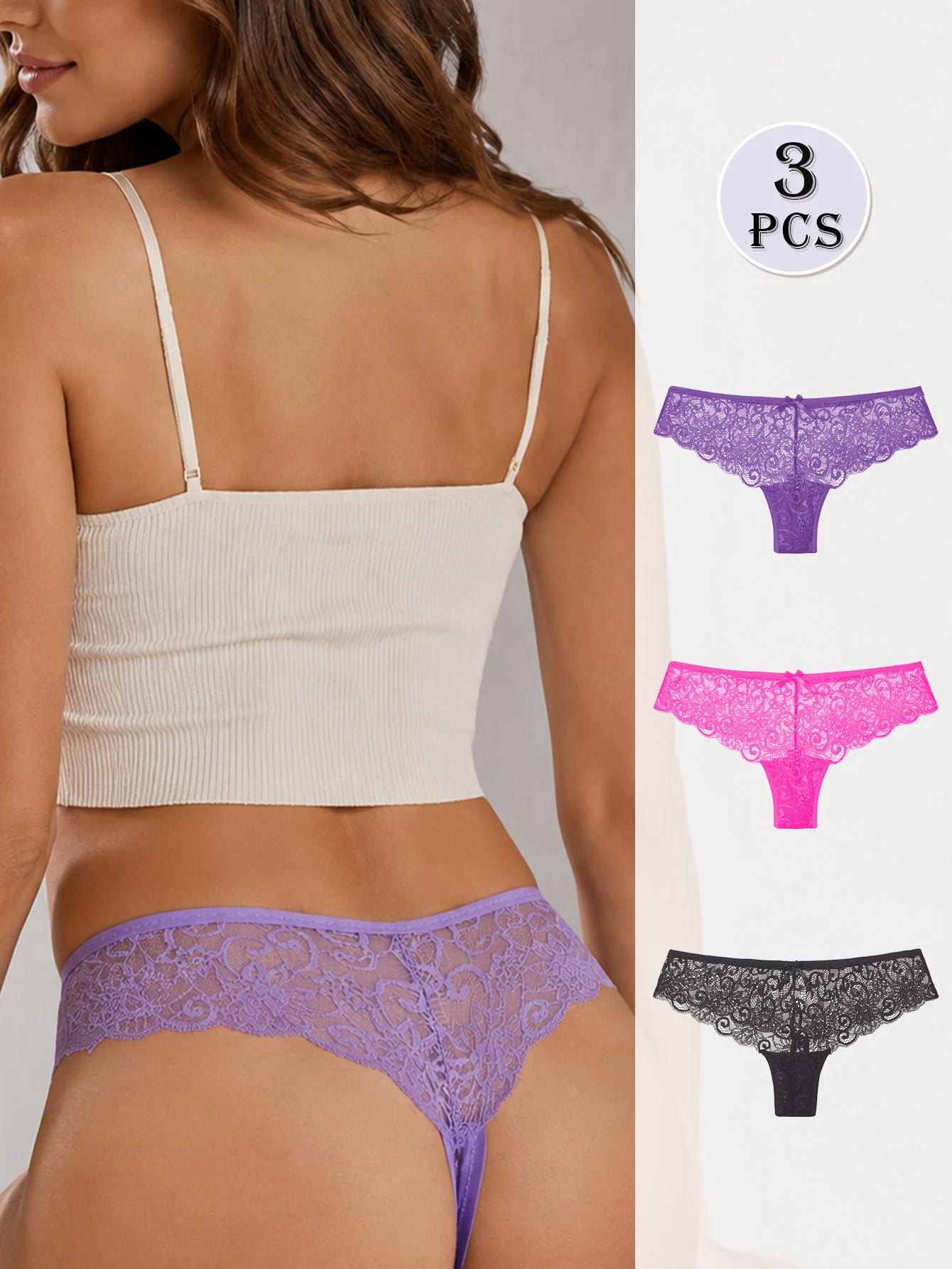 BANNIROU 3Pcs/set Women's Sexy Thongs, All Lace Trim Triangle Panties, Low Waist Comfortable Breathable, Underwear For Women