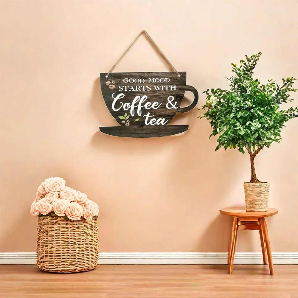 Rural Style Vintage Coffee Wooden Sign Slogan Decoration Cafe Door Pendant for Kitchen Shop Crafts Creative Cup Shaped Hanging