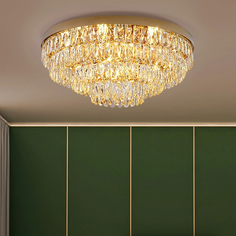 Modern Luxury Multi-Layer Crystal Golden Ceiling Light Round Lustre Lamp For Living Room Dinning Room Villa Home Decor