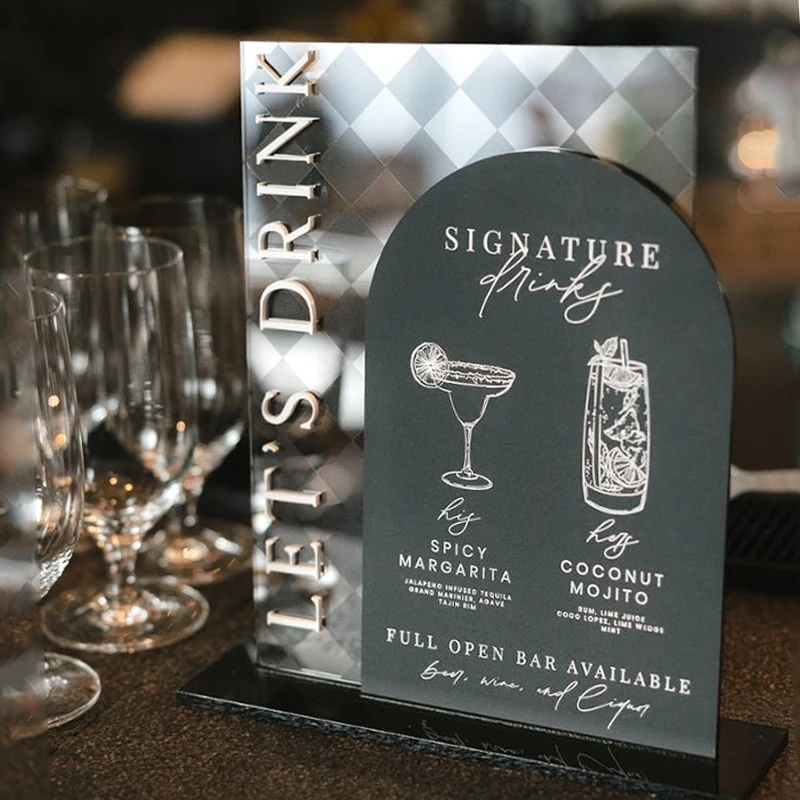 

Акриловая барная вывеска Let's Drink, фирменная вывеска для напитков, фирменные коктейли, 3D-дизайн лазерной резки на заказ, черно-белое украшение стола