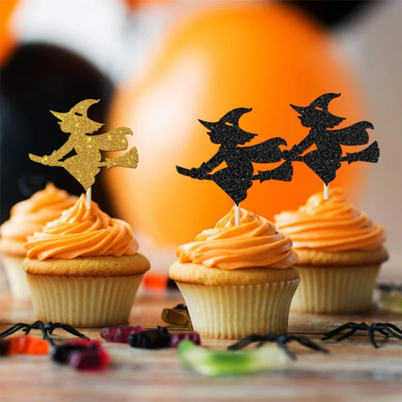 12Pcs Halloween Black and Gold Witch Silhouette Cupcake Top Party Magical Witch Sparkling Cupcake Top