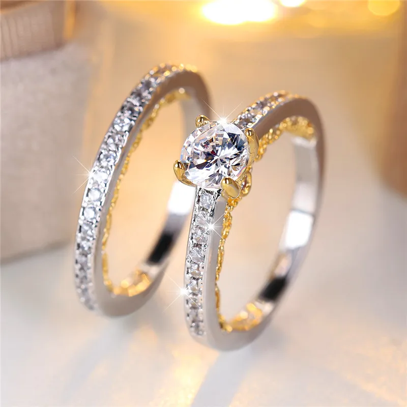 Luxury Female Crystal White Round Zircon Stone Engagement Ring Set Cute Yellow Gold Color Wedding Jewelry For Women