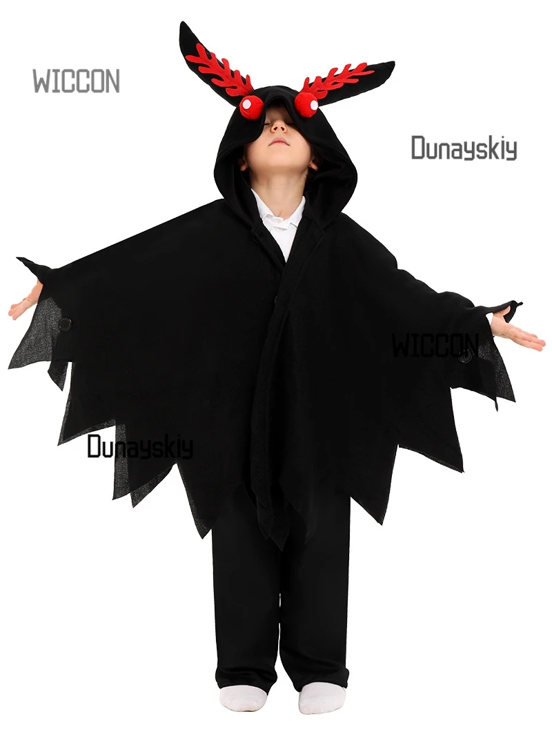 

2025 New Mothman Costume - Glowing Red Eyes Cape with Feather Texture American Urban Legend Halloween Outfit