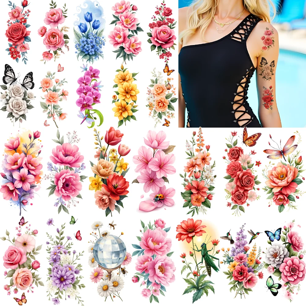 

9pcs Temporary Tattoo Blue Flowers Temporary Tattoo Stickers Globe With Bees Pink And Orange Roses Colorful Red Roses For