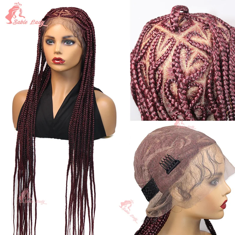 36" Synthetic Wigs Heart Box Braided Full Lace Wigs Burgundy Cornrow Braids Lace Wigs for Woman African Faux Locs Braiding Hair