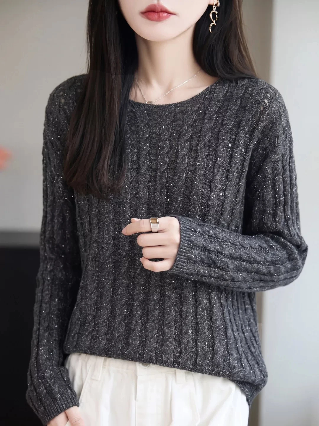 Shexiyang Brand Women's Knitted Long Sleeve Sweater Glitter Twist Knit Soft Loose Fit round Neck Top for Autumn Winter