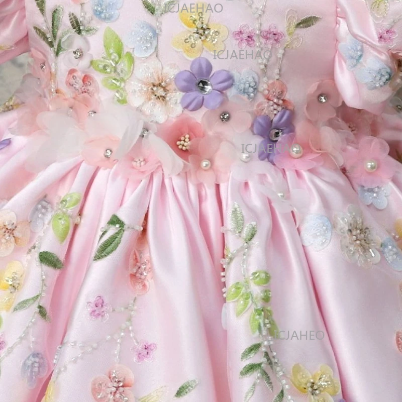 New Handmade Applique Puff Sleeve Princess Dress Girls Gown Pageant Formal Party  Childrens Birthday Celebration Elegant Outfit view 4