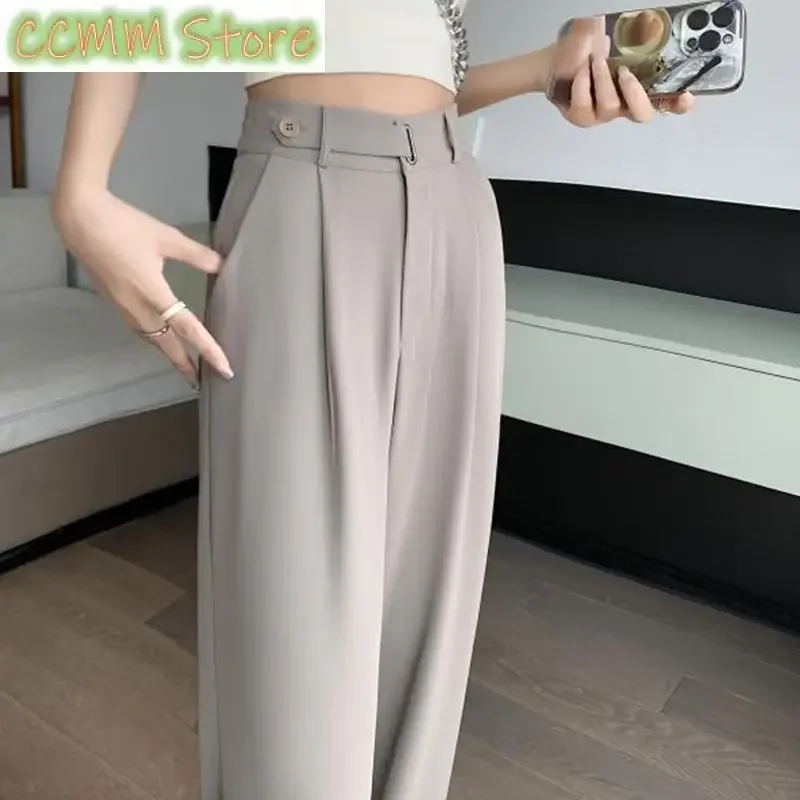 New Solid Pants for Women Fashion Office Ladies Folds High Waist Pants Vintage Elegant Casual Full Length Pants
