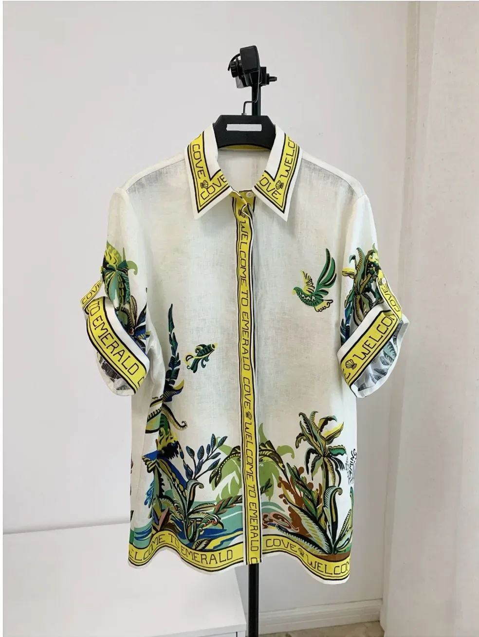 

Women Plant and Letters Printed Short Sleeve Linen Blouse Or High Waist Mini Skirt