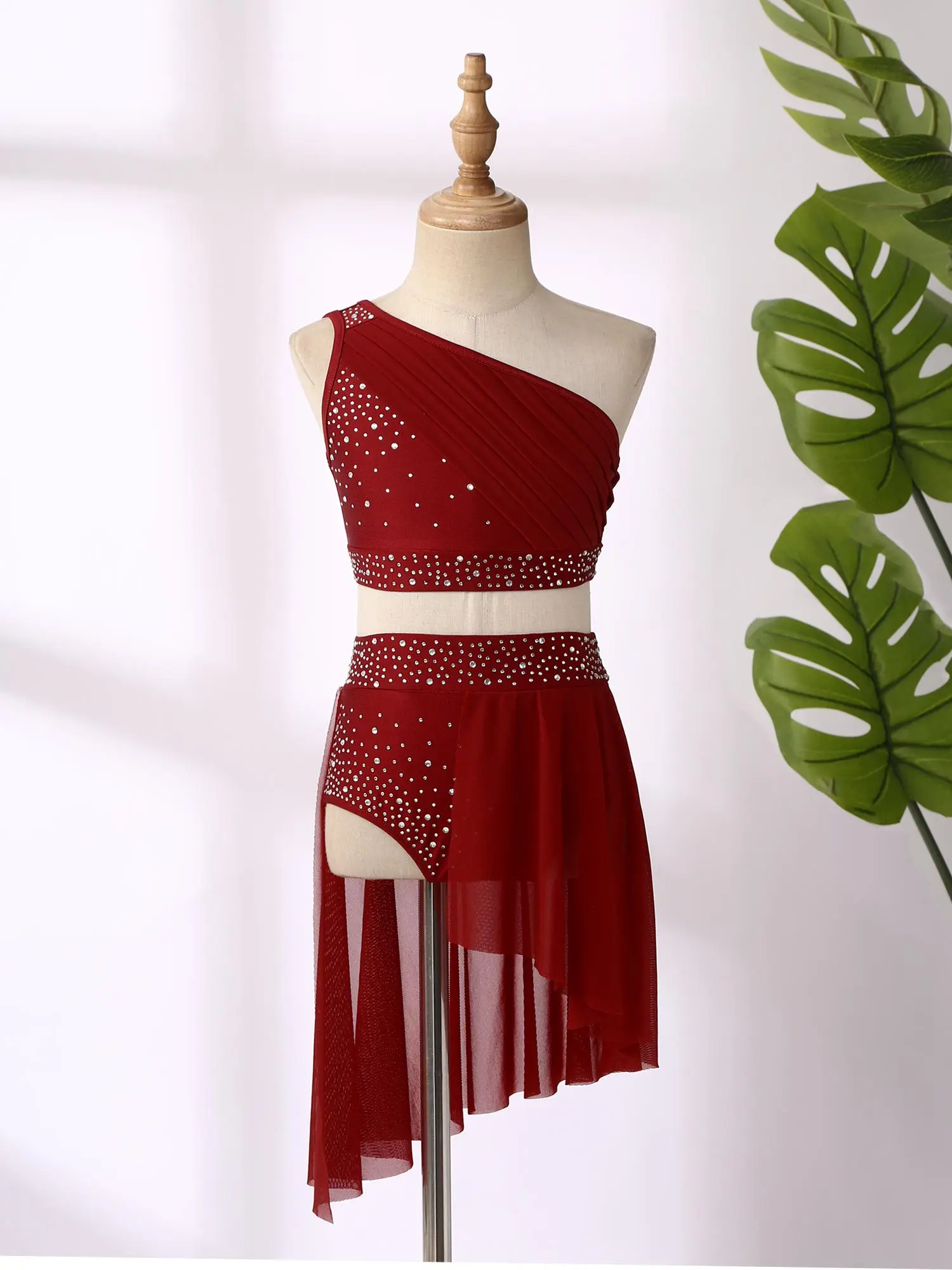 Ropa de baile lírica para niñas, vestido de baile de Ballet, Top corto de un hombro + conjunto de falda de tutú envolvente para gimnasia latina,