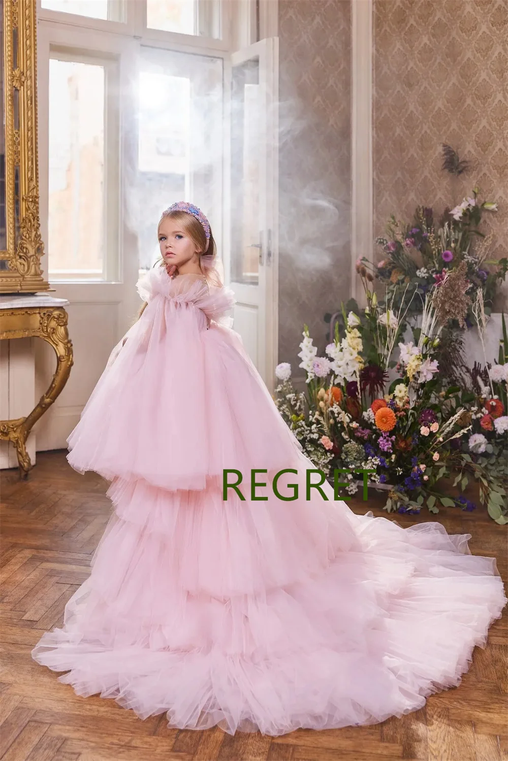 

Pink Tulle Puffy Layered with Detachable Train Flower Girl Dress For Wedding Party Birthday Pageant Christmas Show Dresses