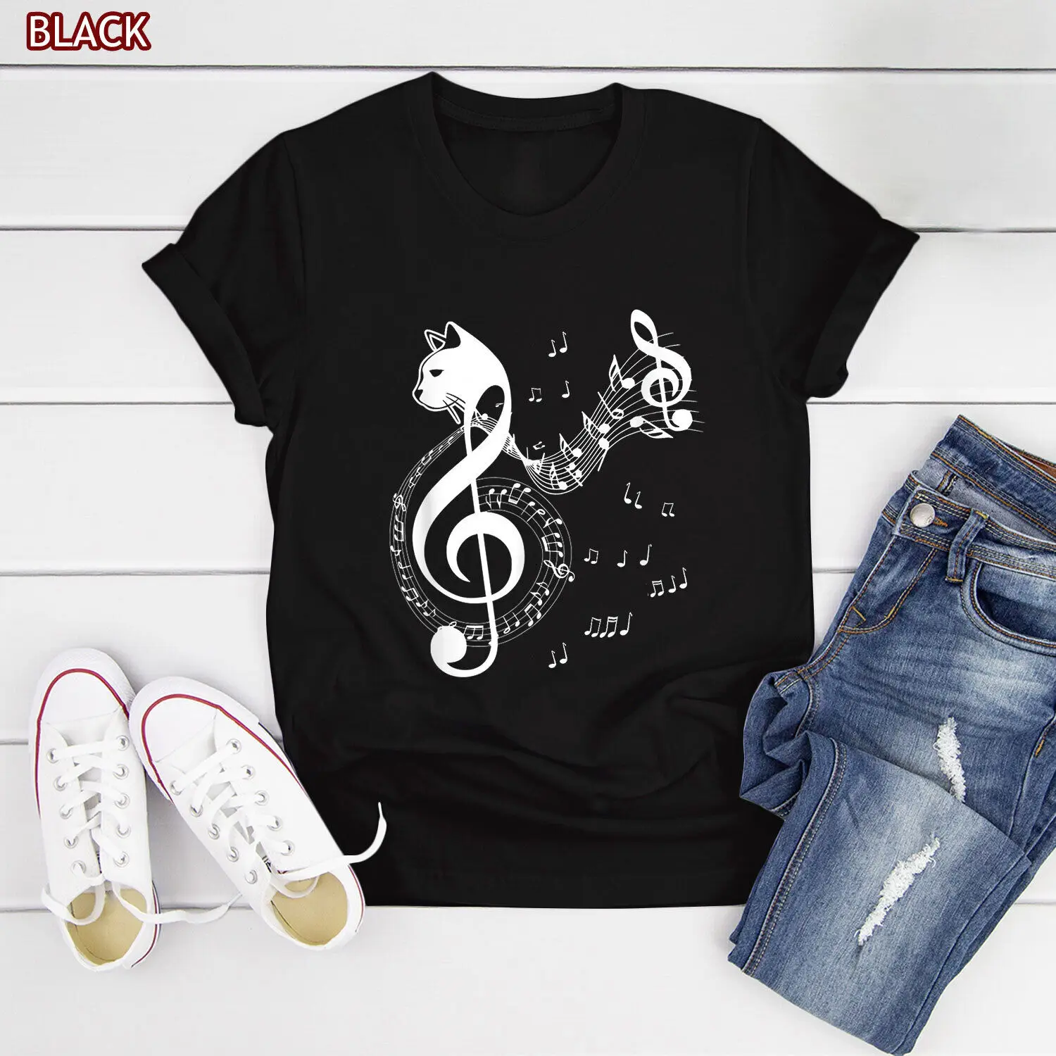 Music & Cat Lover Treble Clef Shirt, Funny Cat Music Notes T-Shirt for Women Men