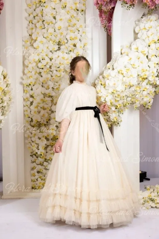 

Белое пышное платье с высокой талией для девочек на заказ на свадьбу, черный пояс с оборками, детские платья для дня рождения, официальных мероприятий, платья для девочек