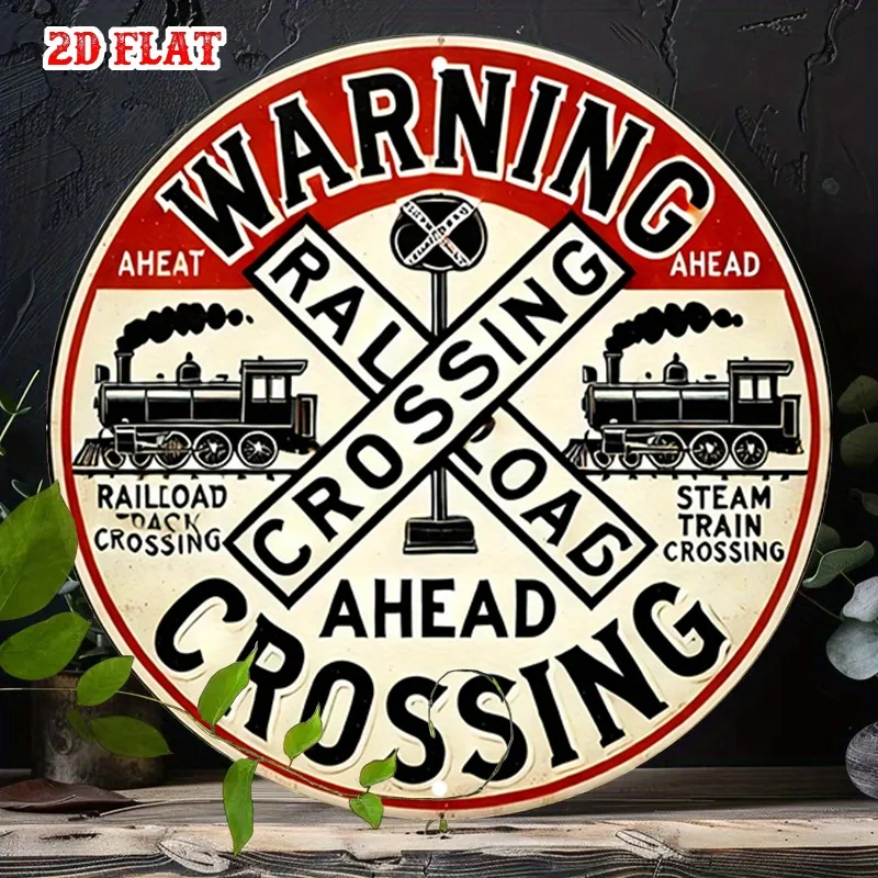 Retro Railroad Crossing Warning Round Metal Sign, Vintage Steam Train Wall Decor for Garage & Man Cave