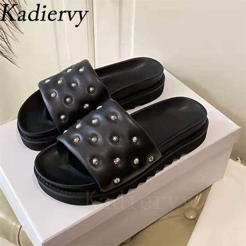 Black White Thick Sole Slippers Women Genuine Leather Metal Rivets Flat Mules Shoes Woman Summer Slides Modern Slippers Woman