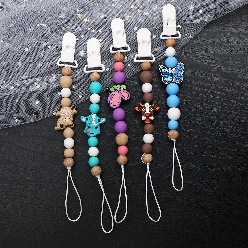 Cute Cartoon Animal Silicone Baby Pacifier Clips Wood Beads Soother Chew Teethers Toys Dummy Safe Teething Pacifier Chains Gifts