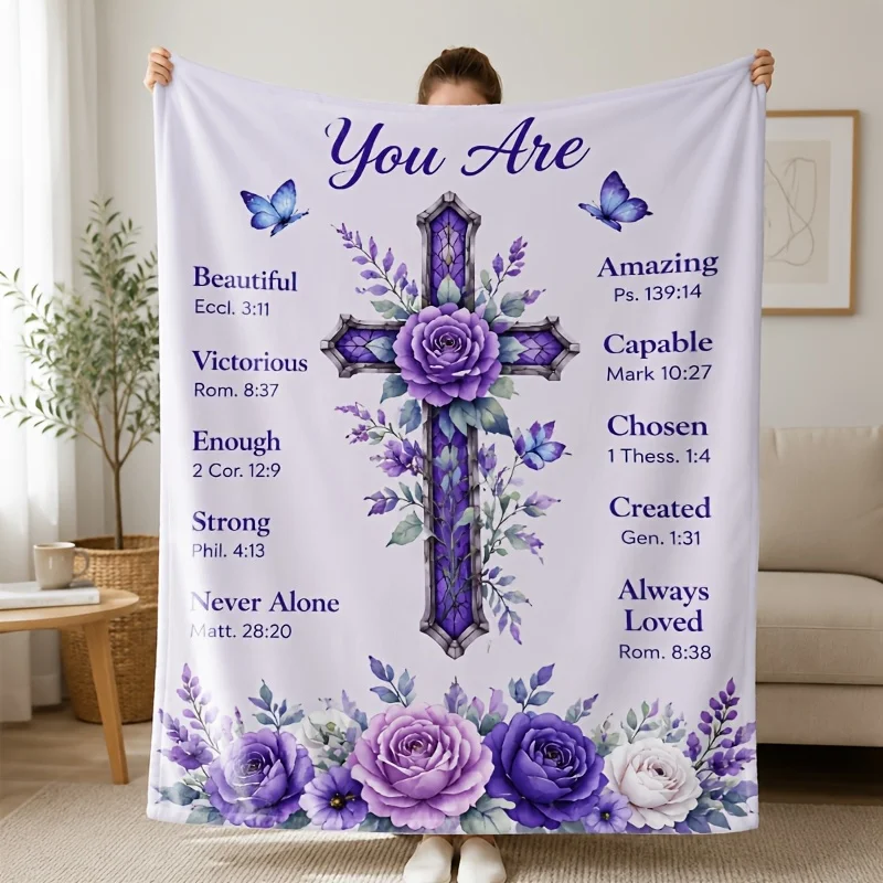 Christian Cross Scripture Flannel Blanket Purple Rose Butterfly Bible Verse Inspirational Throw Blanket for Sofa Bed Couch Bedroom Living Room Faith Home Decor Church Gift Prayer Blanket Cozy Nap Blanket Office Travel Religious Bedding Room Accent