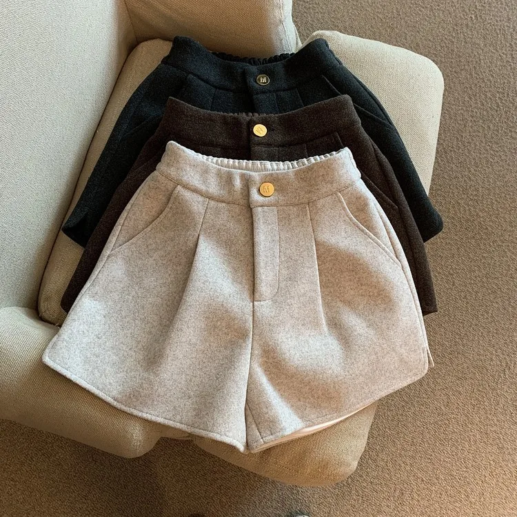 Girls Autumn and Winter New Woolen Split Wide Leg Shorts Korean Elastic High Waisted Loose Straight Casual Boots and Pants Trend