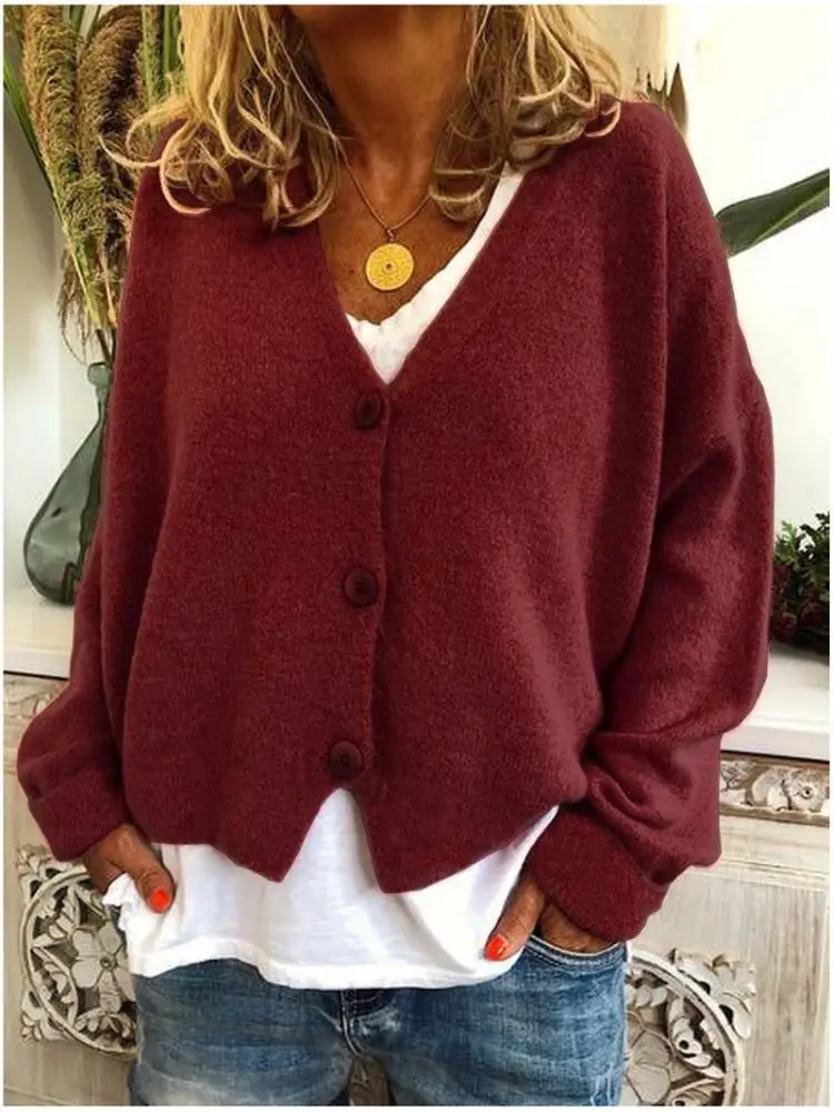 2025 New Autumn Winter Knitted Cardigan Women\'S Casual Fashion Solid Short Sweater Loose Long Sleeve Jacket Top Plus Size