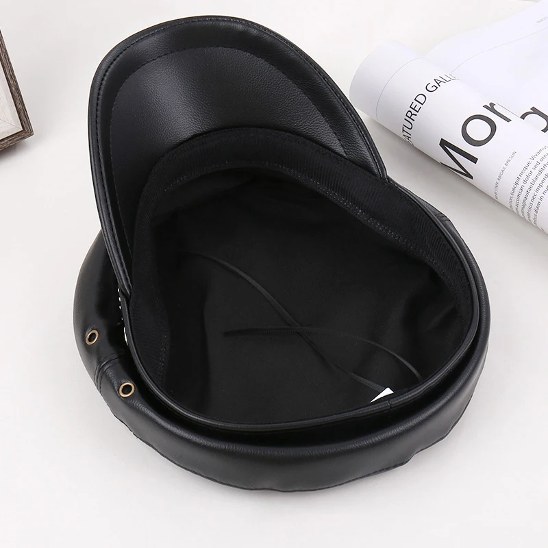 Vintage Leather Navy Caps Punk Hip Hop Wind Beret Black PU Military Cap Gothic Army Hat