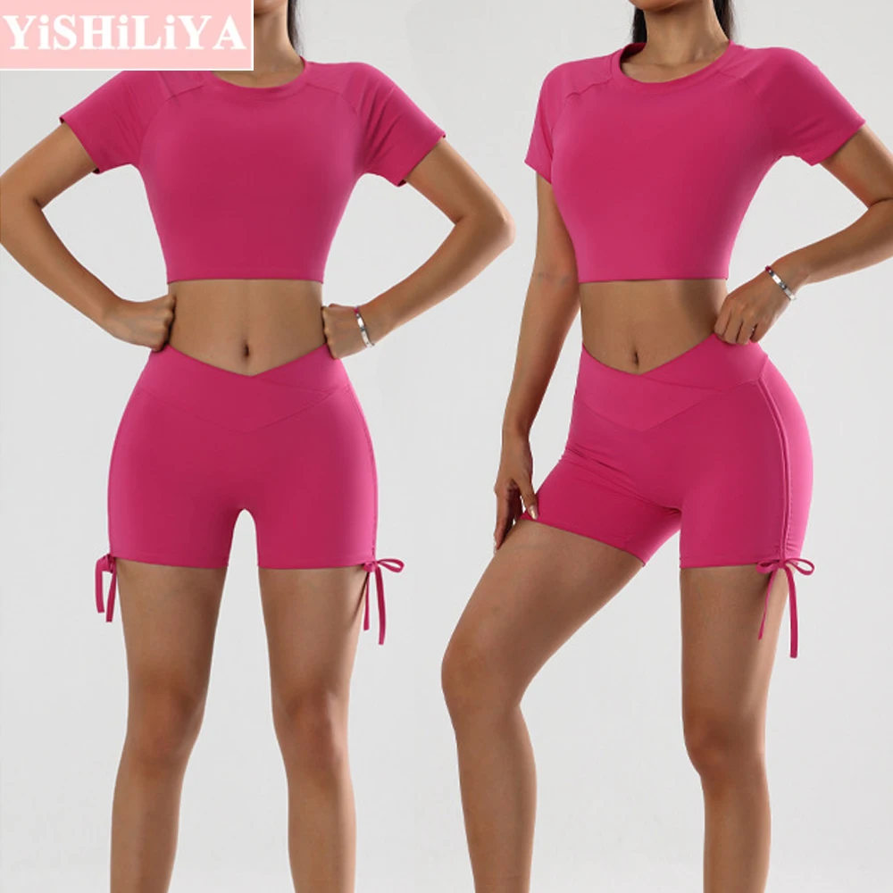 

Women's Seamless Yoga Set With Exposed Navel Sexy Fitness Short Sleeved High Waist Hip Hugging Shorts Tight Fitting Set