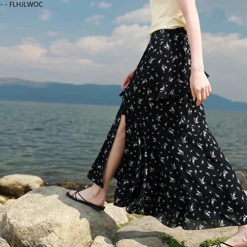 Flower Chic Korea Clothes Summer Women Floral Robe Holiday Date High Waist Retro Vintage Elegant Floral Split Slit Long Skirts