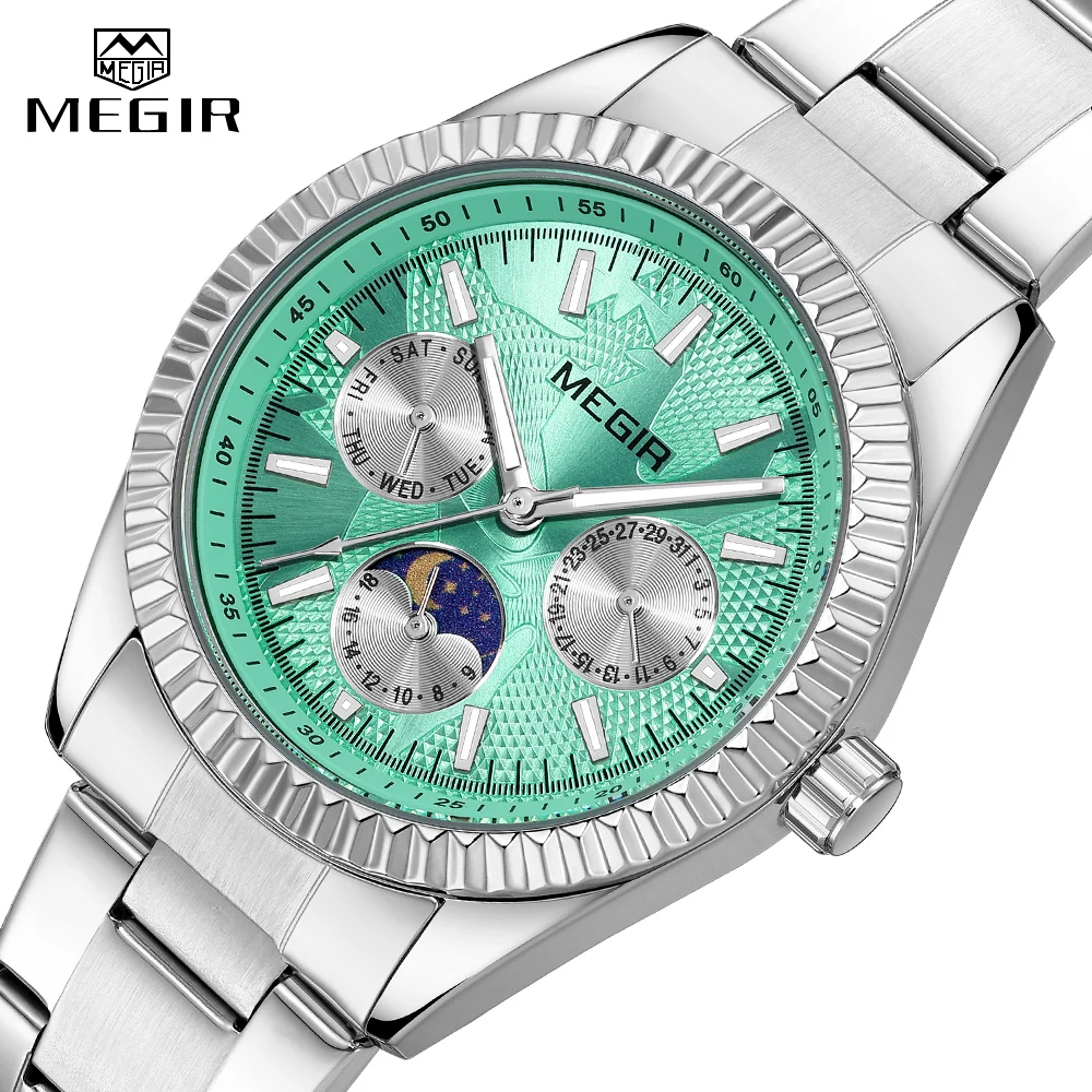 ساعة MEGIR كاجوال رياضية مقاومة للماء للرجال من أفضل العلامات التجارية المضيئة كرونوغراف كوارتز مع حزام من الفولاذ المقاوم للصدأ