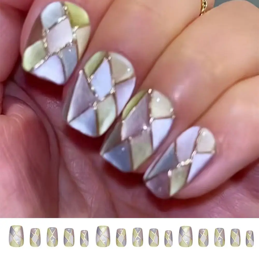 30 pçs novo curto bailarina unhas falsas olho de gato padrão xadrez dicas de unhas cor-bloqueio destacável imprensa em unhas mulheres meninas