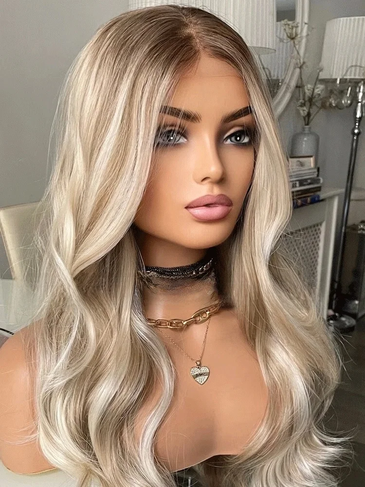 Ash Platinum Blonde Dark Roots Synthetic Lace Front Wig With Preplucked Realistic Hairline Wig Natural Looking Cosplay For Women