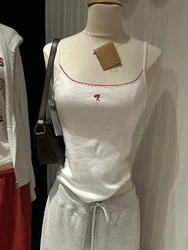Red Floral Embroidery Slim Crop Top Summer Lace Trim White Sleeveless Camisole Sweet Girls Cotton Tank Tops Women Y2k Clothes